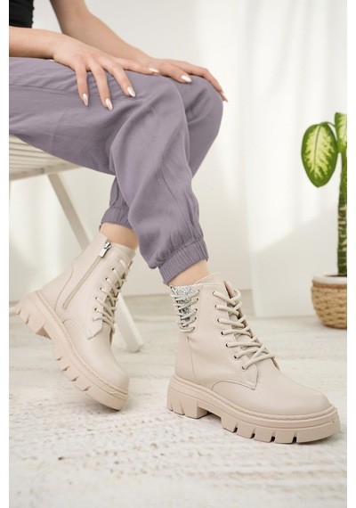 Nesil Shoes Fncy 206 Bej Fermuarlı Kadın Bot-bej Bej