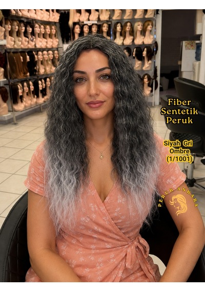 Afro Su Dalgası Peruk Fiber Sentetik Siyah Gri Ombre