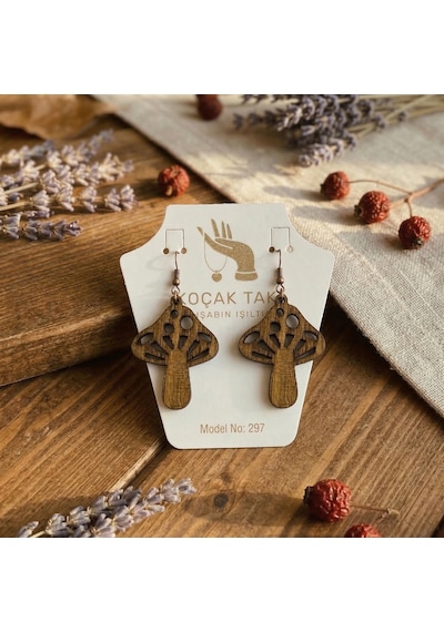 Ahşap Küpe Modern Özgün Minimalist Takı Model No 297 Açık Kahverengi