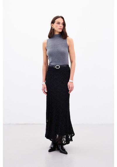 Sateen Dantelli Uzun Etek - Siyah-136891 Siyah