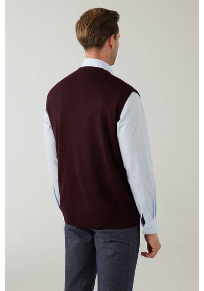 Erkek Koyu Bordo Regular Fit Desenli Yün Karışımlı Triko Yelek