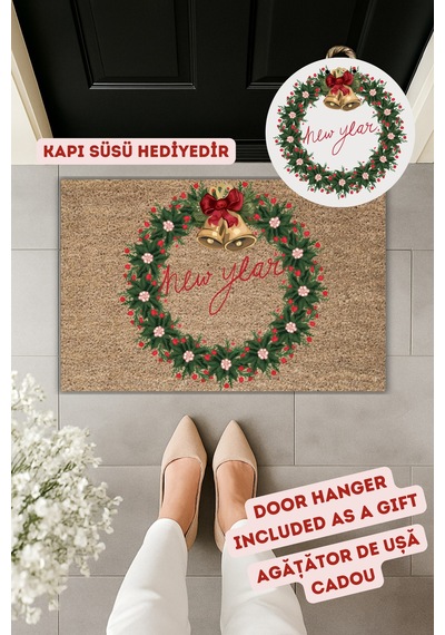 Rugmood Modern Dijital Baskı Christmas, Yılbaşı, Yeni Yıl, Paspas Ve Kapı Süsü - Kapı Onu Paspası1 Kahverengi