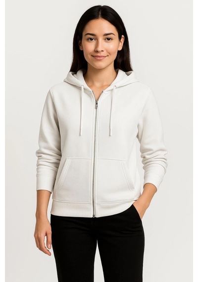 Novalisse Kadın 3 İplik Kapüşonlu Tam Fermuarlı Kanguru Cepli Sweatshirt Hoodie - Beyaz Çoklu Renk