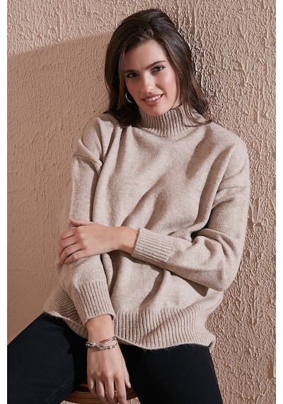 Lela Premium Oversize Fit Balıkçı Yaka Yumuşak Dokulu Triko Bayan Kazak 680Kz00469 Vizon