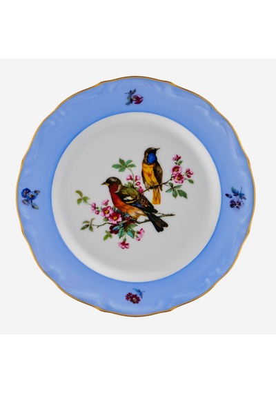 Altın Dekorlu Yeşil Kuşlu Mavi Porselen Pasta Tabağı 19 Cm