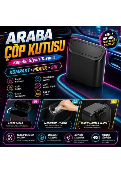 Araba Çöp Kutusu Kapaklı Siyah Araç İçi Pratik Ve Kompakt Çöp Kovası 1