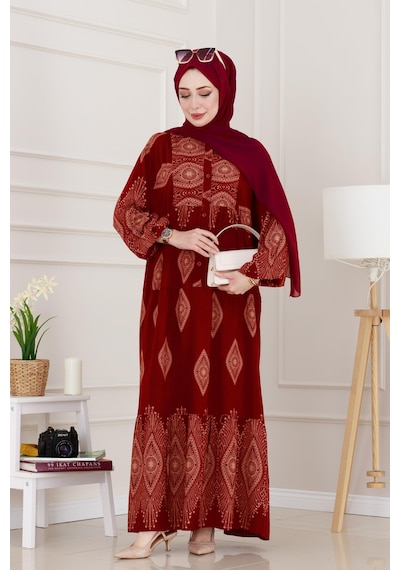 Sevitli Yarım Düğmeli Robalı Hira Elbise-bordo-4935