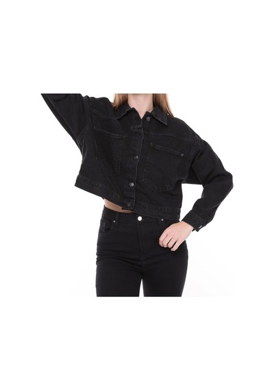 7007-dgml Kadın Düğmeli Jeans Denim Kot Ceket Siyah