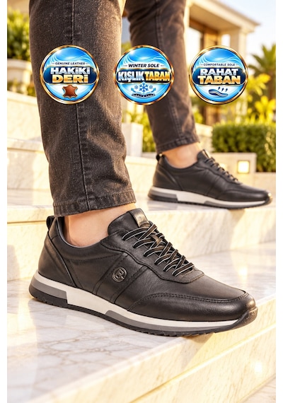 Castle Black Siyah Hakiki Deri Bağcıklı Erkek Casual Sneaker Ayakkabı 42172