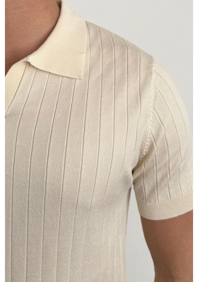 Tarz Cool Erkek Mat Bej Slim Fit Fitilli Polo Yaka Triko T-shirt Mat Bej