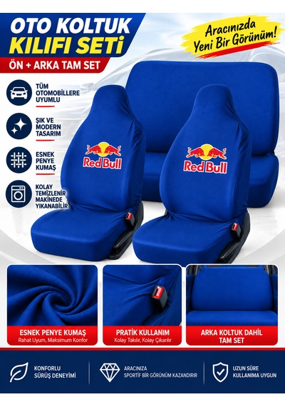 Oto Koltuk Kılıfı Universal Esnek Penye Kumaş Redbull Temalı Mavi Renk 1 Takım