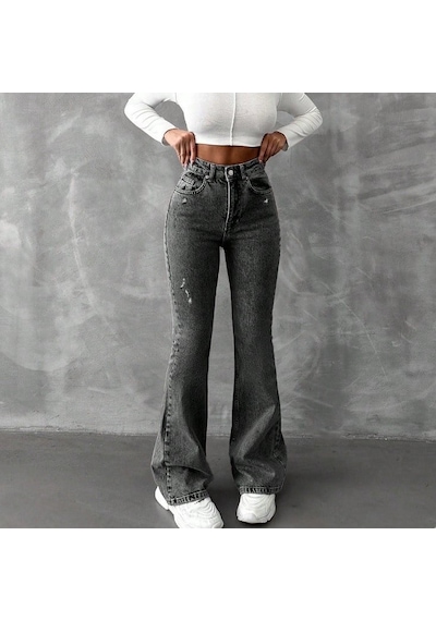 Herton Yüksek Bel İspanyol Paça Jean Pantolon - Eskitme Detaylı Full Pamuklu Flare Denim Mavi