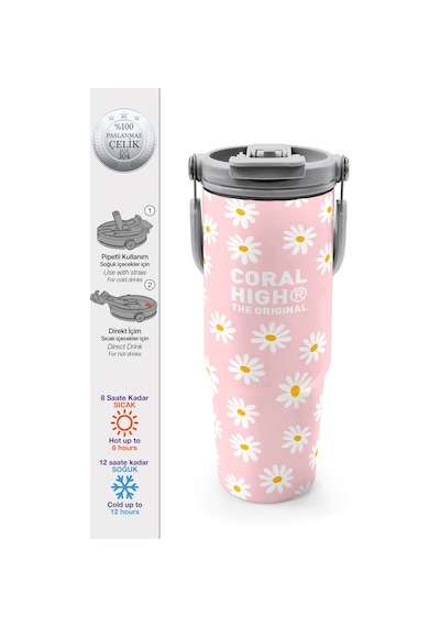 Coral High Papatya Desenli Pipetli Ve Direkt İçim Çelik Termos 900 Ml 38701 Pudra