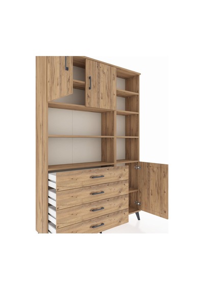 Arges Dolap 9 Raflı 4 Çekmeceli 3 Kapaklı 132x30x195 Çam-çam/çam Çam