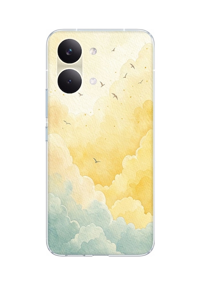 Poco X8 Pro Max Uyumlu Sarı Ve Yeşil Tonlu Bulut Ve Kuşlar Baskılı Silikon Kılıf