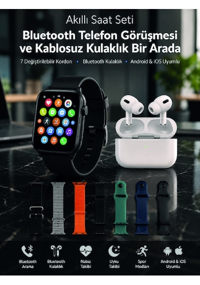 Bluetooth Telefon Görüşmeli Akıllı Saat Seti Kablosuz Bluetooth Kulaklık 7 Değiştirilebilir Kordon