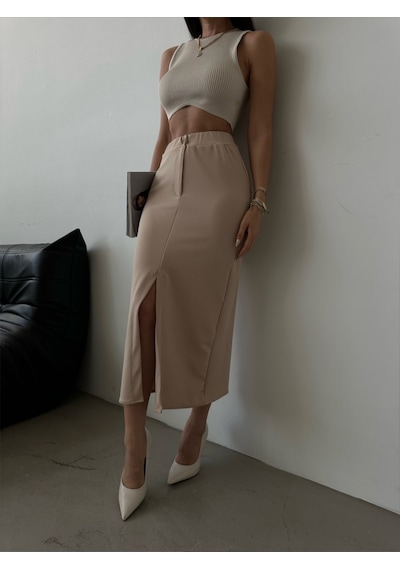 Herton Kadın Yüksek Bel Önü Yırtmaçlı Midi Boy Örme Etek ÇoK Renkli