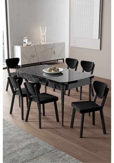 Canisa Exve Serisi 80x132 Açılabilir Siyah Mermer Desen Masa Takımı Ve 6 Siyah Sandalye Masa Siyah Mermer Desen Sandalye Siyah Canisa Exve Serisi 80x132 Açılabilir Siyah Mermer Desen Masa Takımı Ve 6 Siyah Sandalye Masa Siyah Mermer Desen Sandalye Siyah