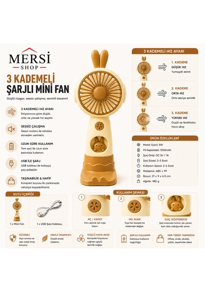 Mini Şarjlı El Fanı 3 Kademeli Usb Taşınabilir Sessiz Masaüstü Fan 19 Cm