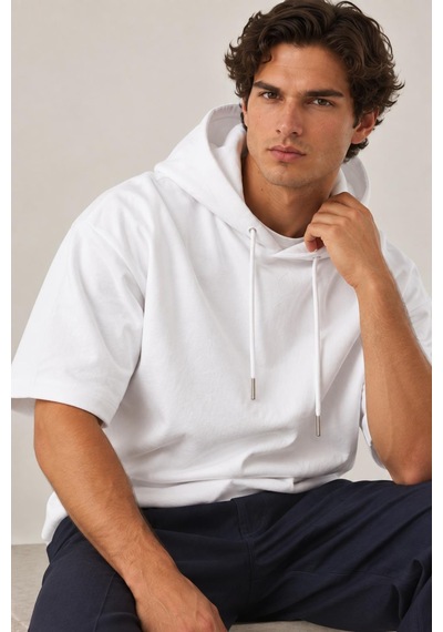 Alexandergardi Cropped Kapüşonlu Kısa Kollu Sweatshirt Beyaz