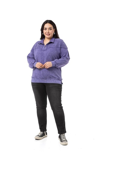 Büyük Beden Pis Dikişli Fermuarlı Yırtmaçlı Parça Boyalı Mor Sweatshirt-mor Mor