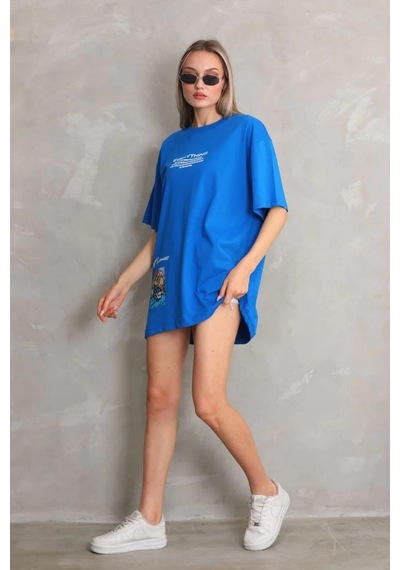 Kadın Bisiklet Yaka Baskılı Oversize T-shirt - Mavi Mavi
