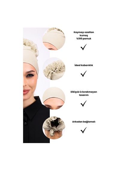 Loggia Fırfırlı Krem Dikişsiz Penye Bone Kadın Tesettür Bağlamalı Iç Bone Taş Rengi - Bej Krem