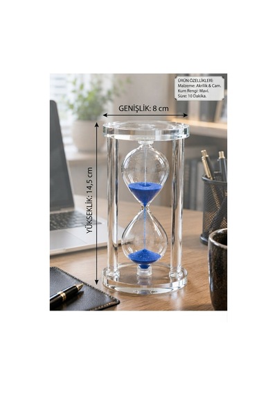 Modern Ofis Masa Üstü Biblosu Cam Kum Saati 10 Dakikalık Zamanlı Mavi Kum Dekoratif Hediye 14.5x8 Cm Biblo