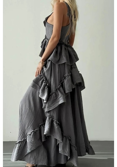 Fashion Cocktail İp Bağlama Askılı Fırfırlı Hacimli Dalgalı Hareketli Yırtmaçsız Maxi Uzun Yazlık Sahil Tatil Elbise Gri