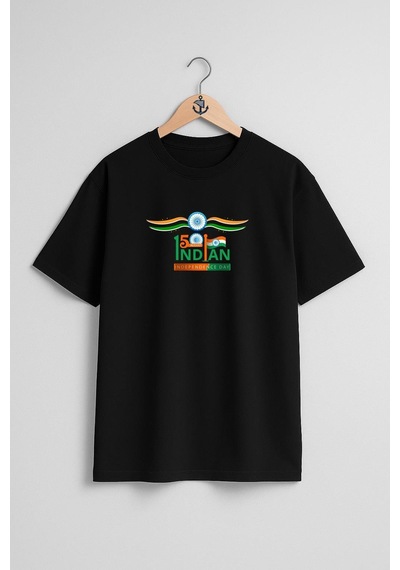 Oversize 15 August Happy Independence Day India Göğüs Tasarımlı Unisex T-shirt Siyah
