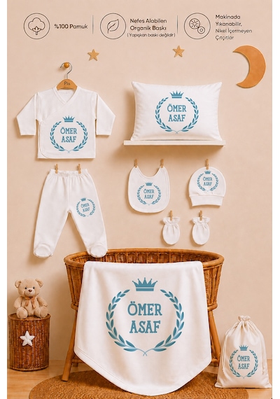 Pia Baby Kız Bebek Hastane Çıkışı 12 Parça %100 Pamuk İsme Özel Organik Baskılı Kese Hediyeli 208611kyx Ekru