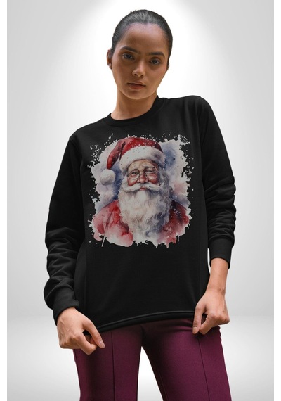 Mutlu Noel Baba Yeni Yıl Tasarımı Unisex Siyah Baskılı Sweatshirt Siyah