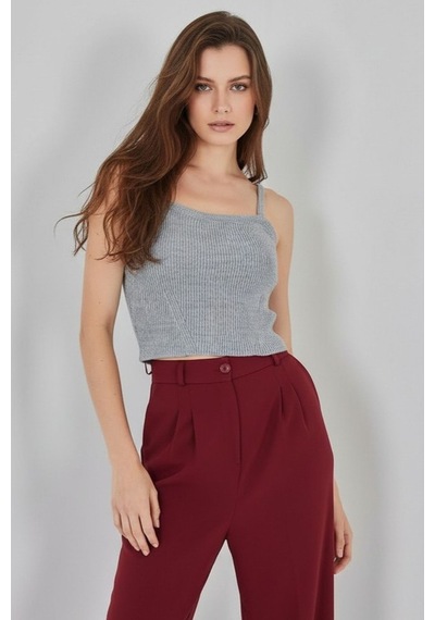 Hiccup Bdart Kare Yaka Ribana Örgü Crop Top Gri