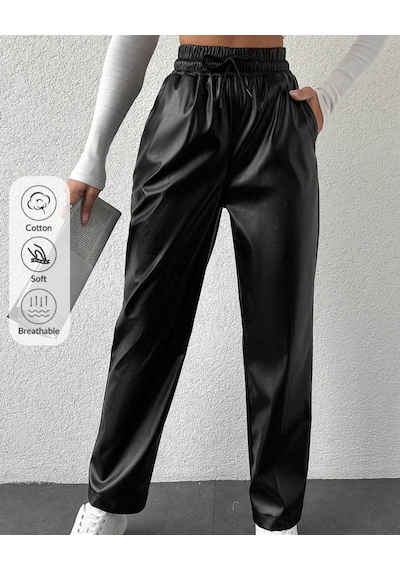 Kene Jeans Kadın Siyah Beli İpli Deri Jeans Siyah