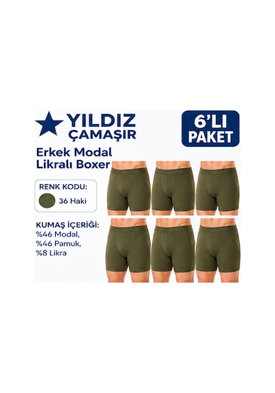 Yıldız Çamaşır Erkek Modal Likralı Boxer 36-37-38-39-40-41-42 - 6 Adet Haki