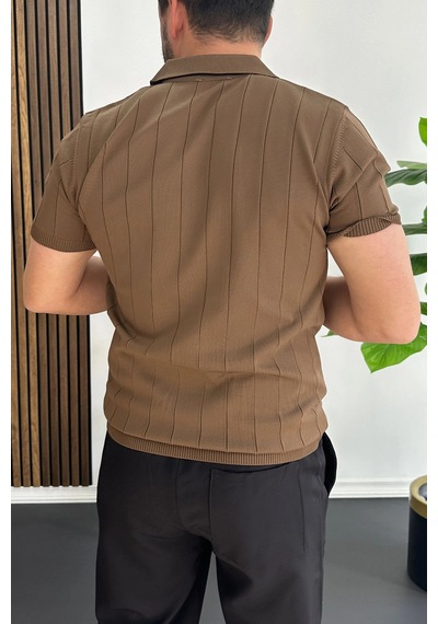 Erkek Slim Fit Fermuarlı Polo Yaka Tişört Açık Kahve Edw452 Kahverengi