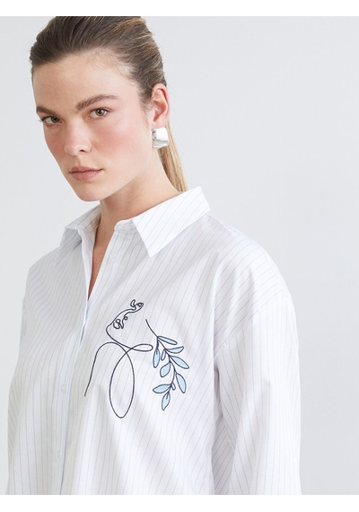Lcw Comfort Mavi Çizgili Kadın Poplin Gömlek