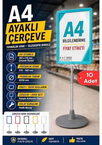 10 Adet - A4 Ayaklı Çerçeve Seti Yuvarlak Tabanlı Teleskopik Fiyat Etiketi Standı Turkuaz