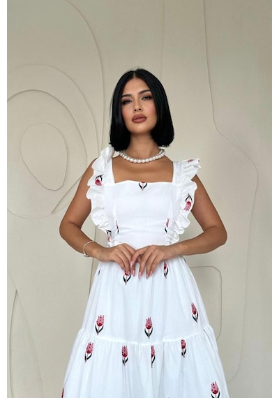 Kırmızı Sıfır Kol Fırfırlı Elbise Kırmızı