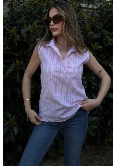 WeShaya Kadın Pembe Çizgili, Dokulu Yazlık Kumaş, Yarım Patlı, Sıfır Kollu Bluz Pembe