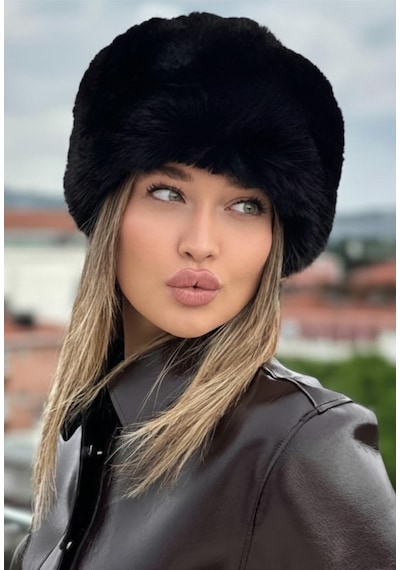 Mollycrush Kışlık Kadın Trend Peluş Siyah Suni Kürk Kalpak Şapka Kazak Rus Tarzı Siyah