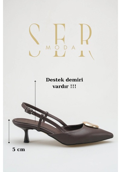 Sermoda Topuklu Kadın Ayakkabı - 5 Cm İnce Topuklu Sivri Burun Arka Açık Stiletto Ayakkabı Kahve