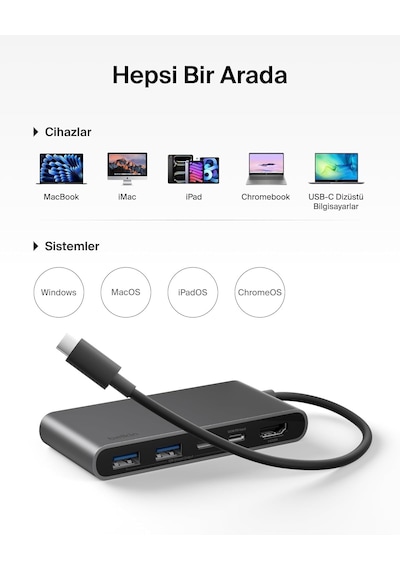 Belkin Usb-c Hub, 5 Portlu, 60 Hz'de 4k Hdmı Ekran Desteği, 100w Güç İletimi, 5gbps Usb-c Çoklu Port Adaptörü, Gri