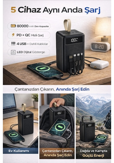 80.000 Mah Powerbank 4 Usb Micro Type-c Lıghtnıng Girişli El Fenerli Taşınabilir Şarj Aleti Siyah