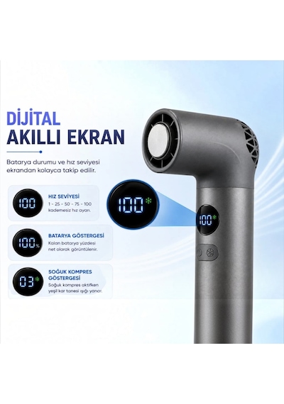 Turbo Buzlu Fan Dijital Ekranlı Şarjlı Mini El Vantilatörü 100 Kademeli Ayar, 3000mah Batarya, Type-c Şarj