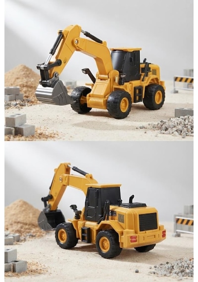 Uzaktan Kumandalı Kepçe İş Makinası 1:24 Ölçekli 6 Fonksiyonlu Sesli Ve 4 Çeker Oyuncak Ekskavatör Sarı