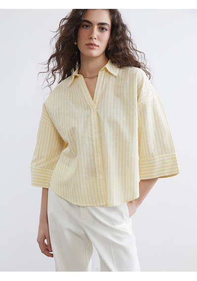 Lcw Vision Sarı Çizgili Oversize Kadın Gömlek