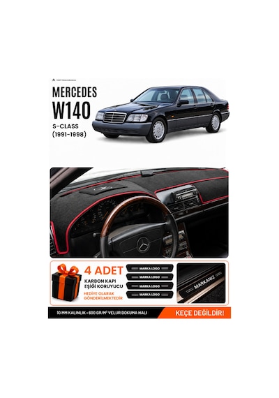 Mercedes W140 1991-1998 Uyumlu Torpido Örtüsü, Torpido Kılıfı - Siyah Kırmızı