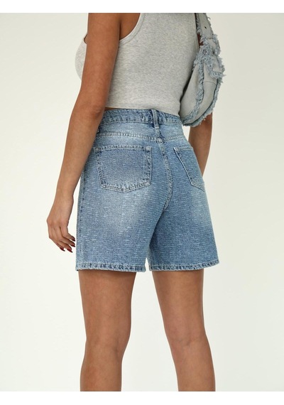 Eskitme Denim Kumaş Boru Paça Şort Mavi+eskitme