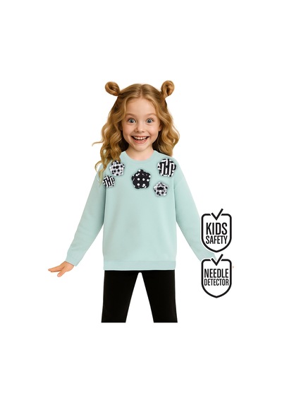 Denokids Kız Çocuk Çiçek Desenli Triko Mint Uzun Kollu Sweatshirt 4-10 Yaş